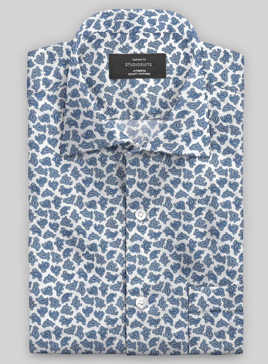 Italian Paisley Blue Summer Linen Shirt - StudioSuits