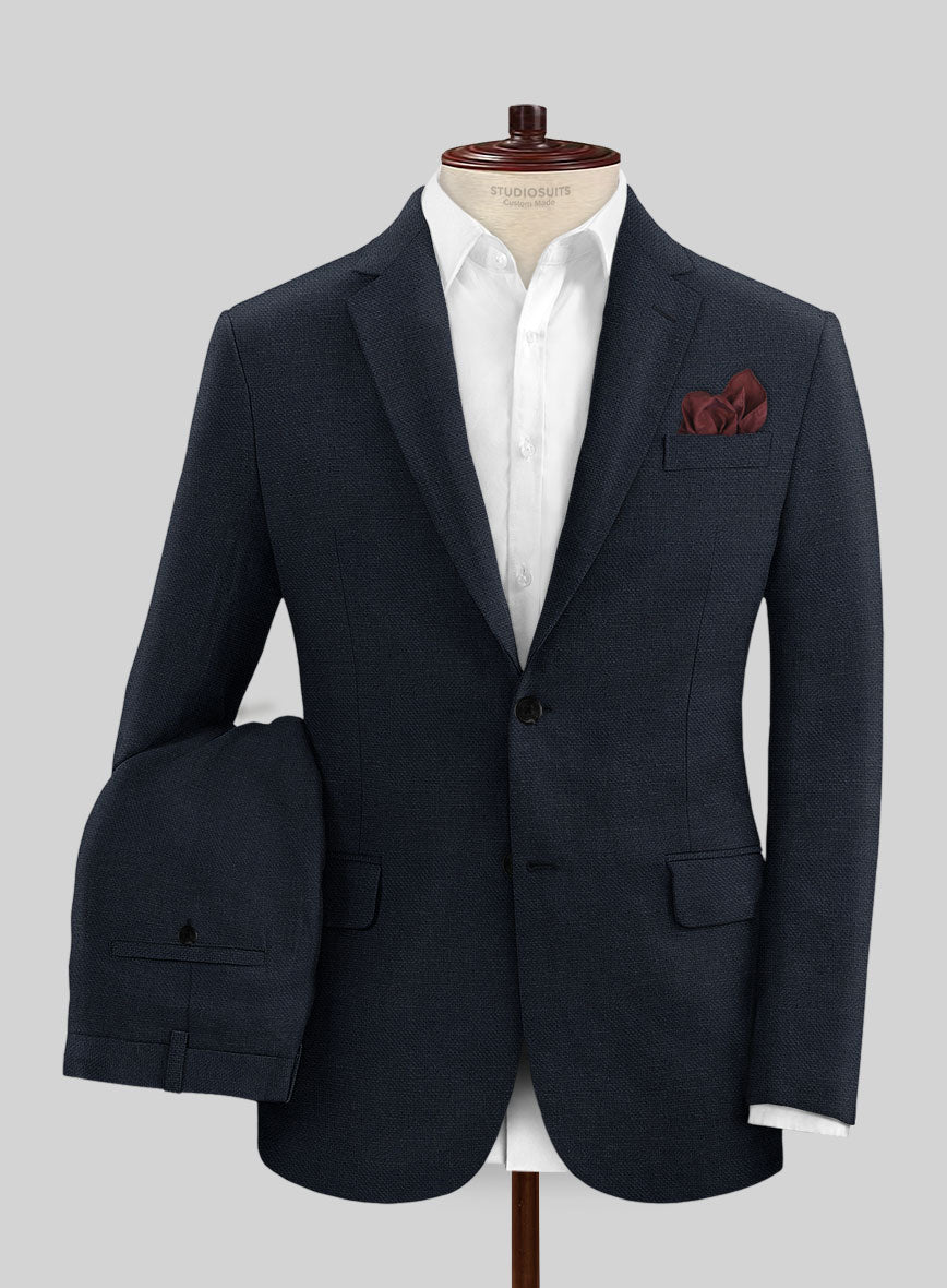 Italian Prato Dark Blue Dobby Linen Suit - StudioSuits