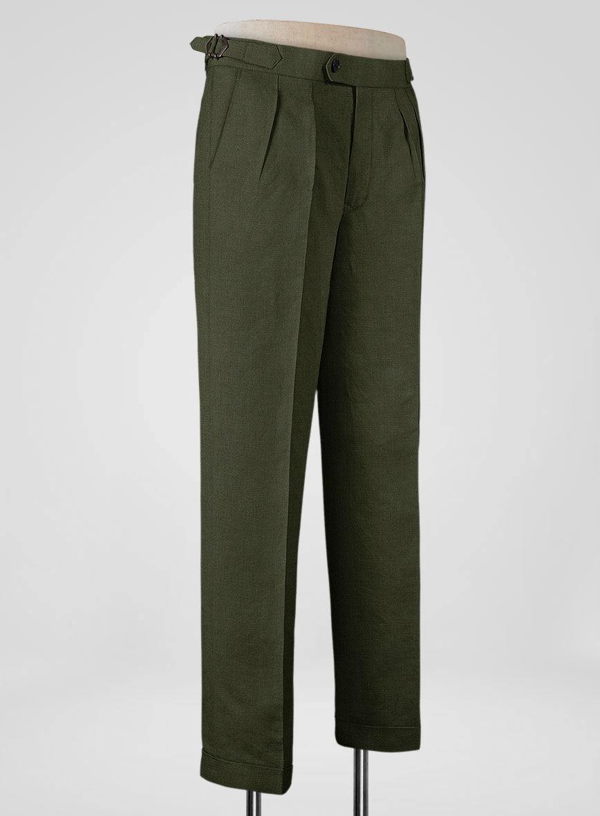 Italian Prato Green Linen Highland Trousers - StudioSuits