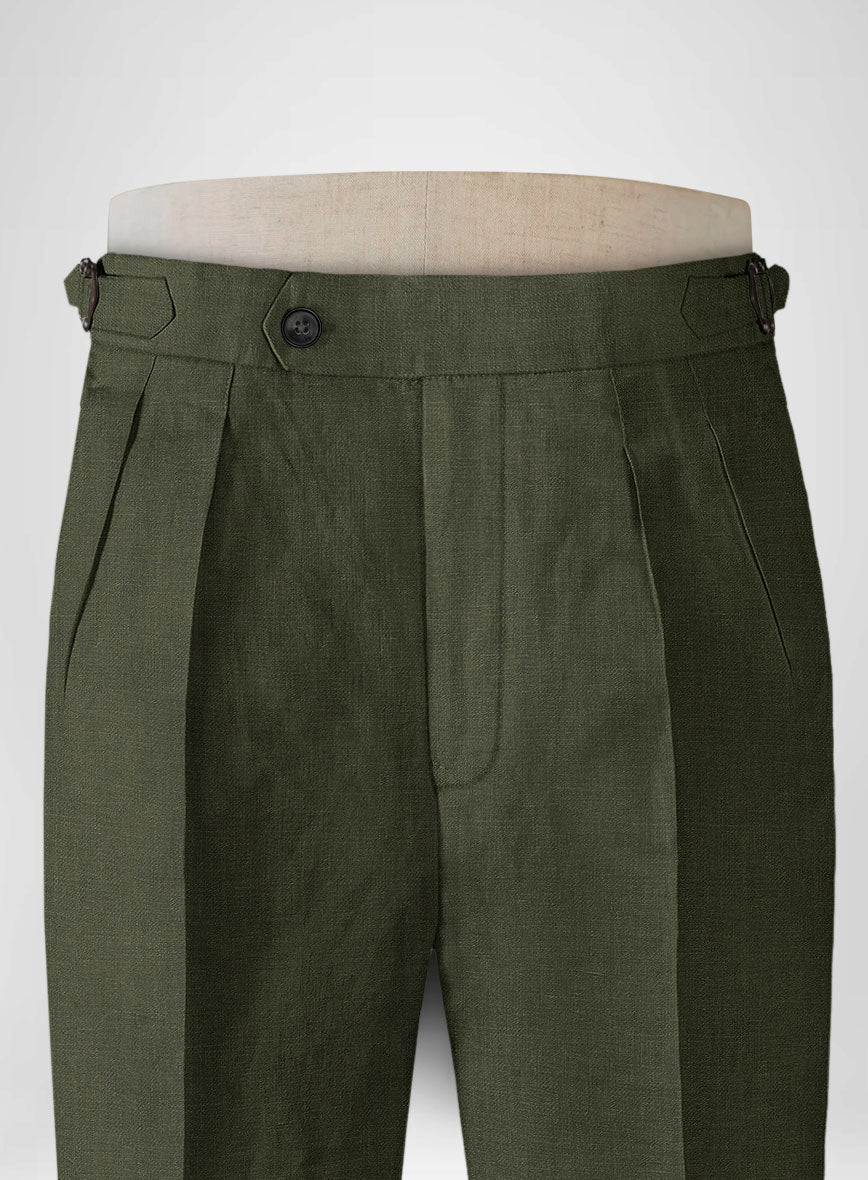 Italian Prato Green Linen Highland Trousers - StudioSuits