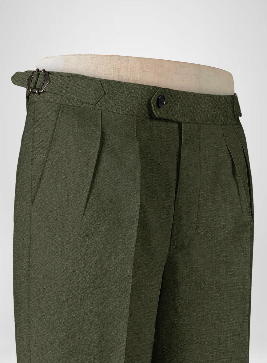 Italian Prato Green Linen Highland Trousers - StudioSuits