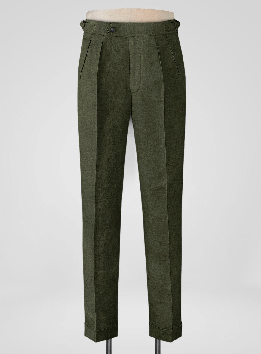 Italian Prato Green Linen Highland Trousers - StudioSuits