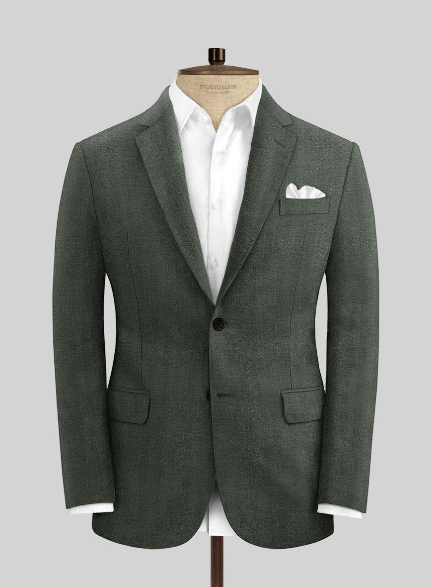 Italian Prato Olive Green Herringbone Linen Jacket - StudioSuits