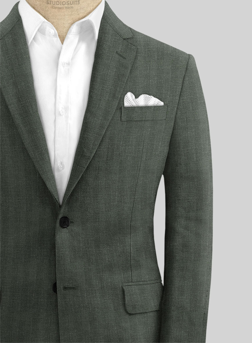 Italian Prato Olive Green Herringbone Linen Jacket - StudioSuits