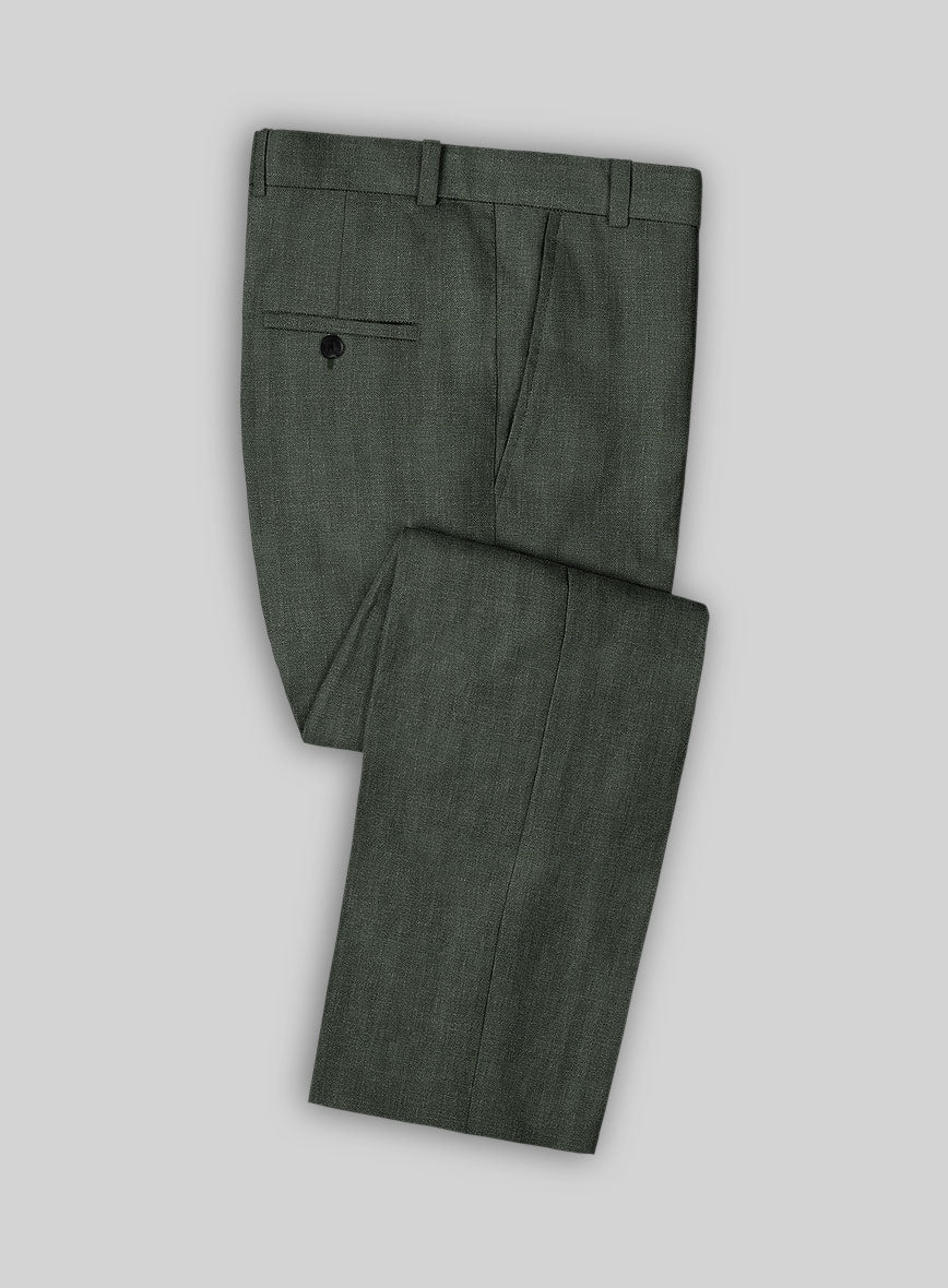 Italian Prato Olive Green Herringbone Linen Pants - StudioSuits