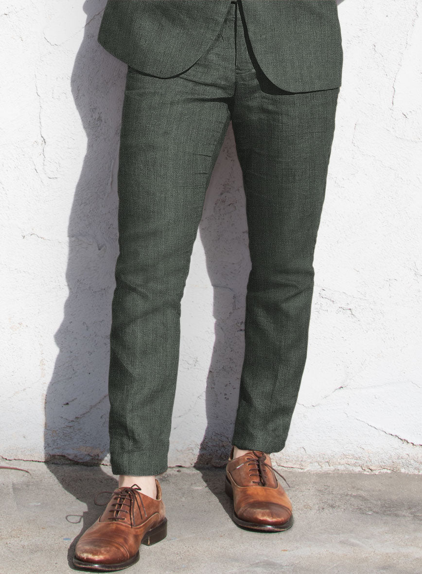 Italian Prato Olive Green Herringbone Linen Pants - StudioSuits