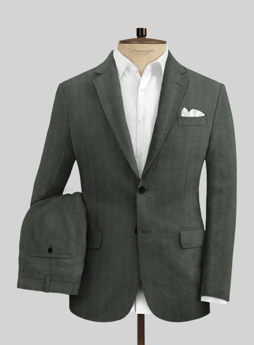 Italian Prato Olive Green Herringbone Linen Suit - StudioSuits