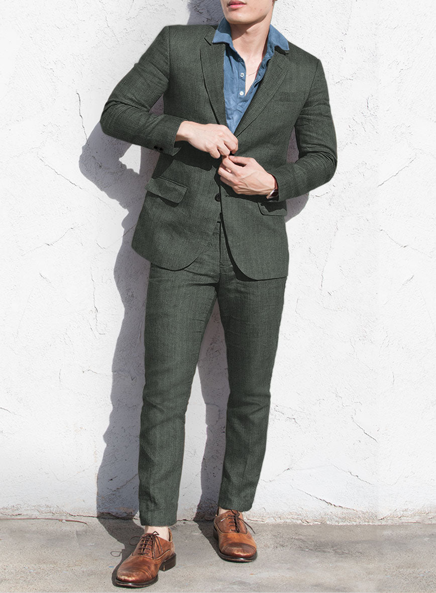 Italian Prato Olive Green Herringbone Linen Suit - StudioSuits