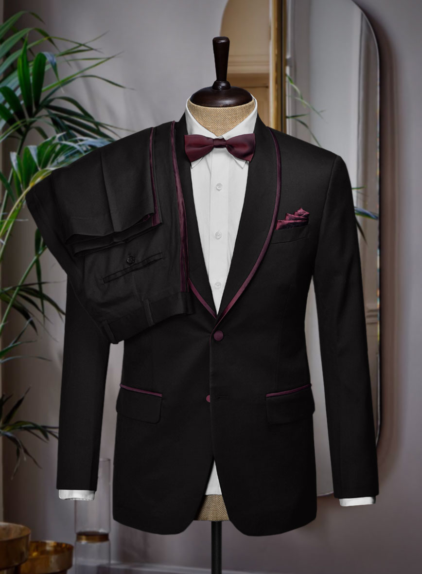 Italian Style Black Wool Tuxedo Suit - Wine Satin Trim II - StudioSuits