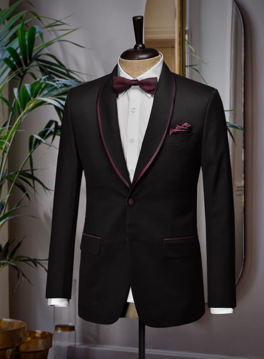 Italian Style Black Wool Tuxedo Suit - Wine Satin Trim II - StudioSuits