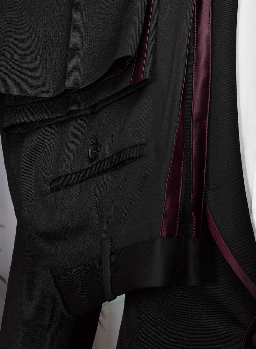 Italian Style Black Wool Tuxedo Suit - Wine Satin Trim II - StudioSuits