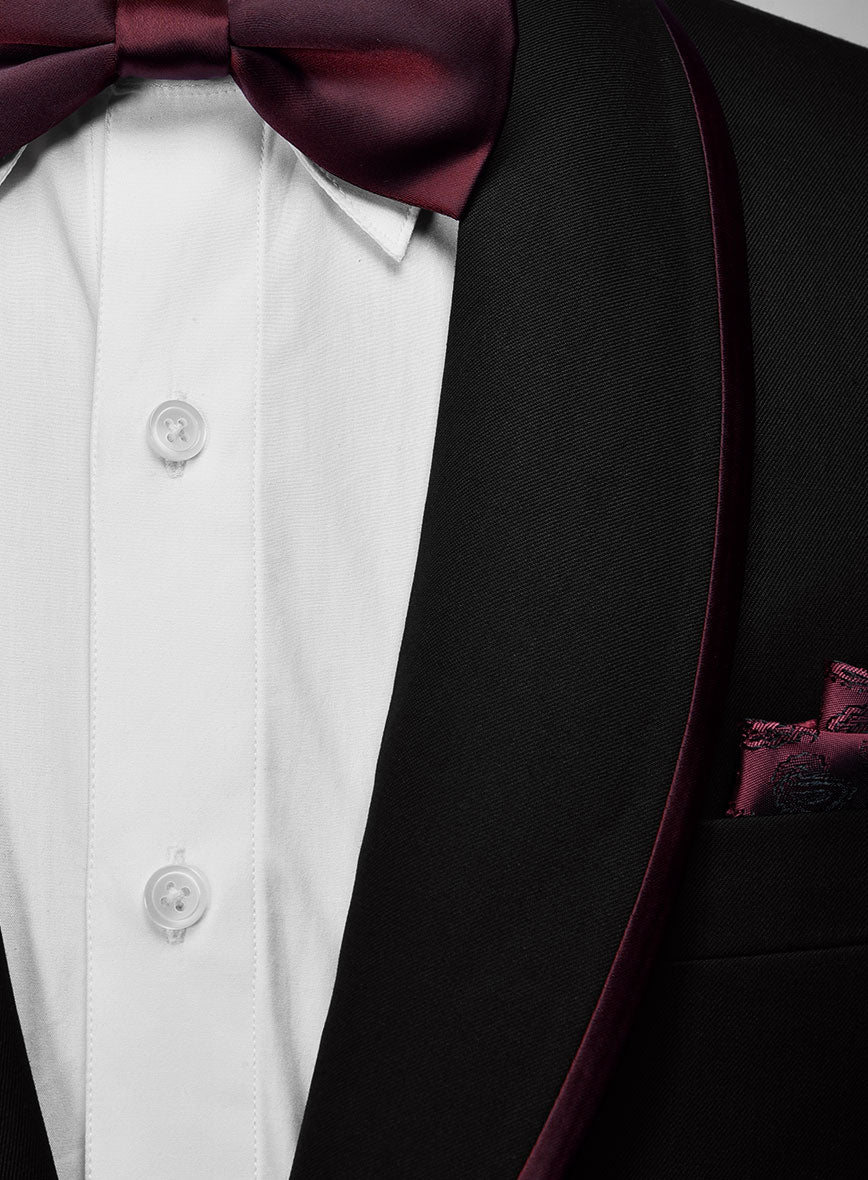 Italian Style Black Wool Tuxedo Suit - Wine Satin Trim II - StudioSuits