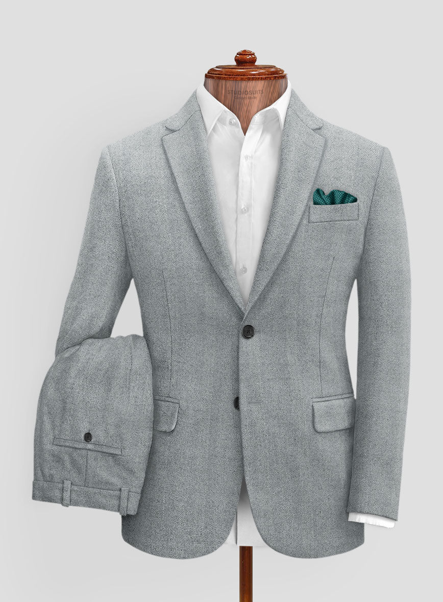 Italian Wide Herringbone Light Blue Tweed Suit