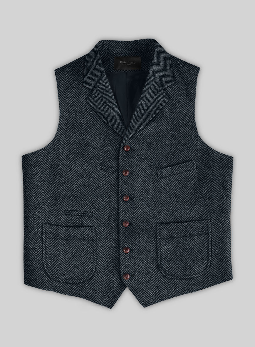 Italian Highlander Blue Herringbone Tweed Hunting Vest - StudioSuits