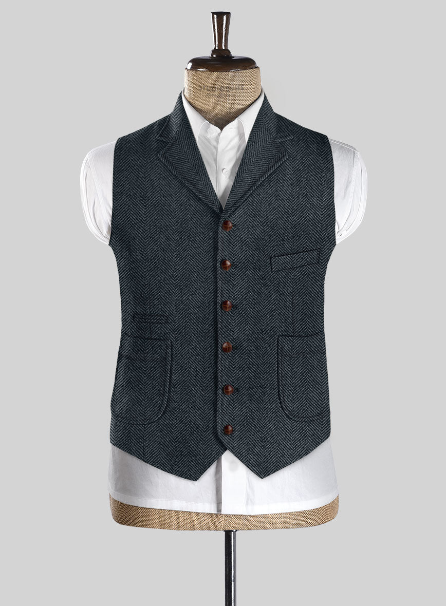 Italian Highlander Blue Herringbone Tweed Hunting Vest - StudioSuits