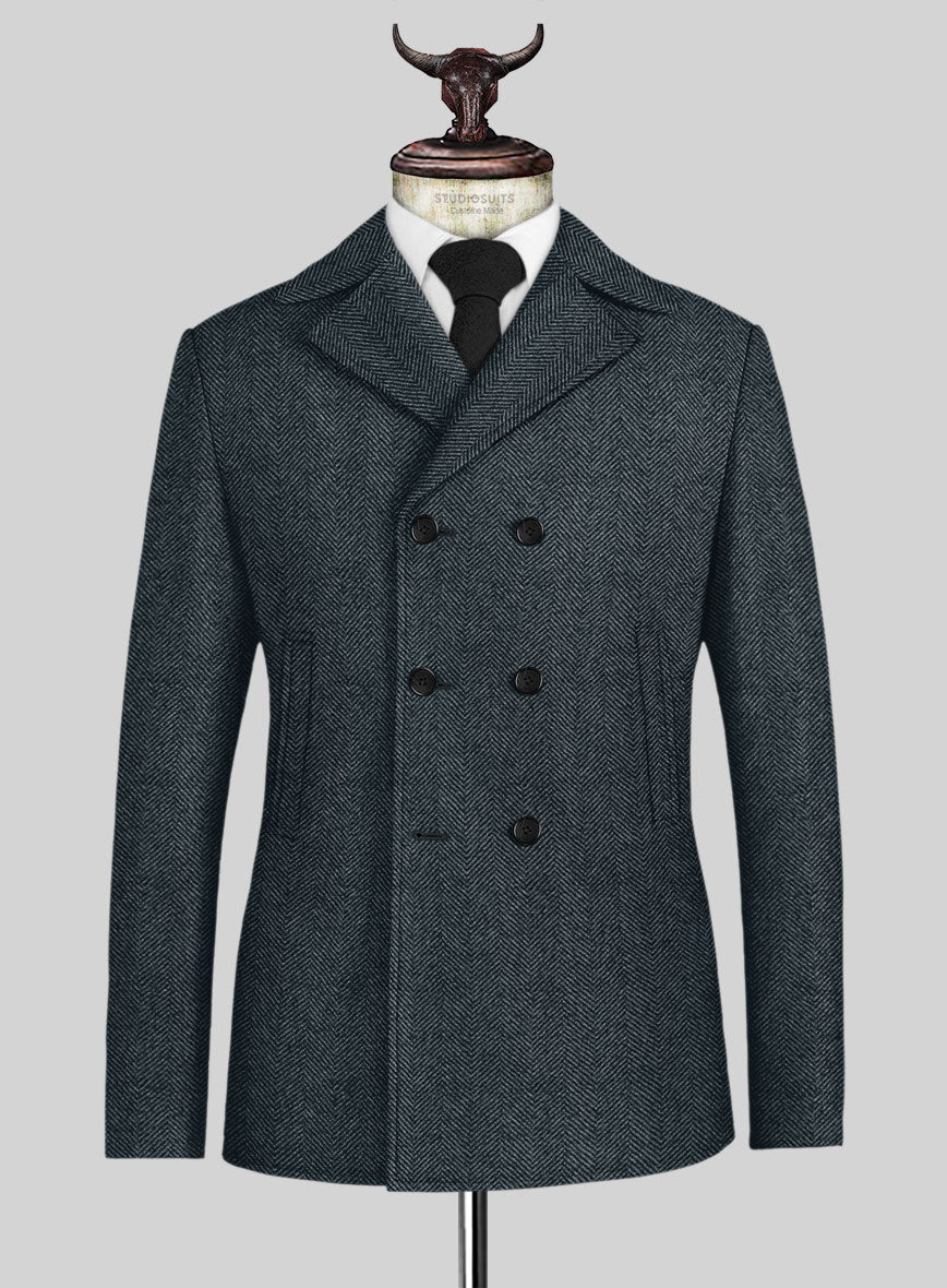 Italian Highlander Blue Herringbone Tweed Pea Coat - StudioSuits