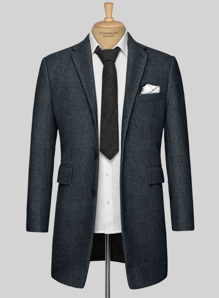 Italian Highlander Blue Herringbone Tweed Overcoat - StudioSuits