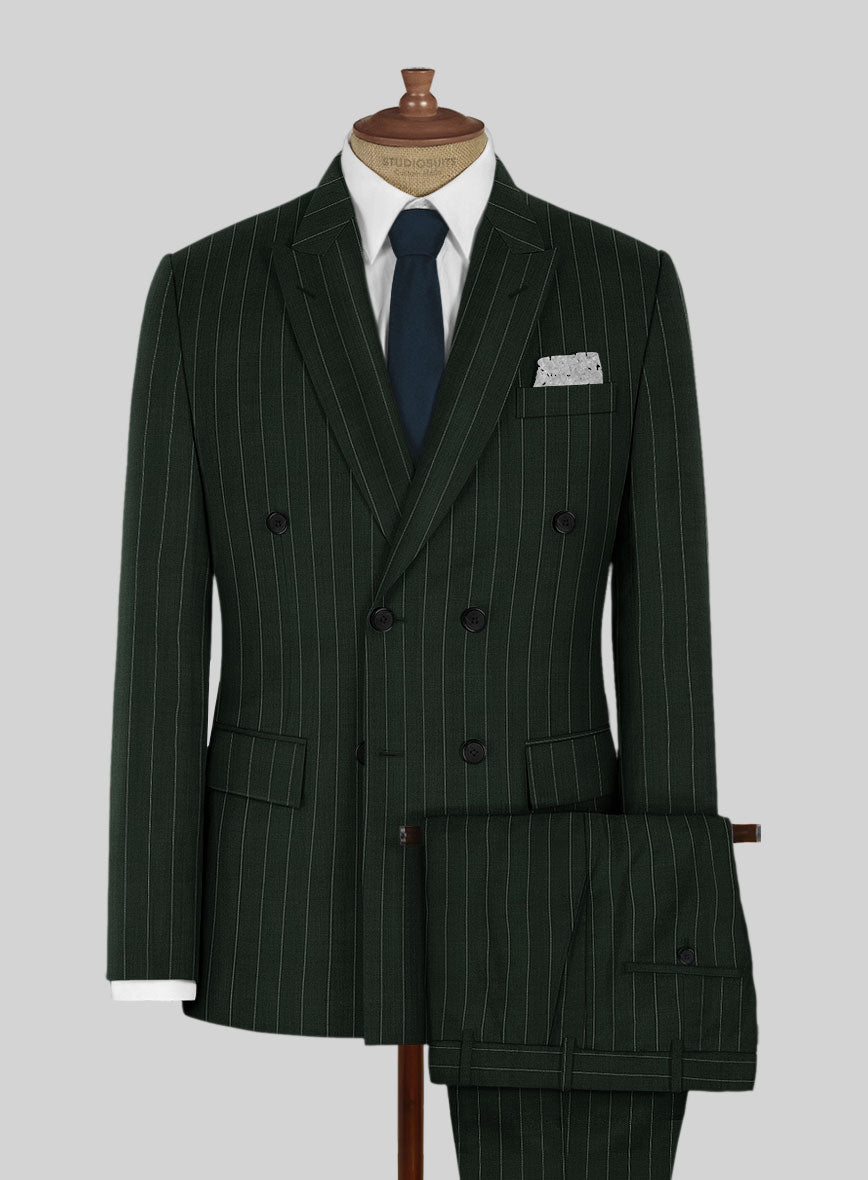 Kingsman Double Breasted Green Stripe Wool Suit - StudioSuits