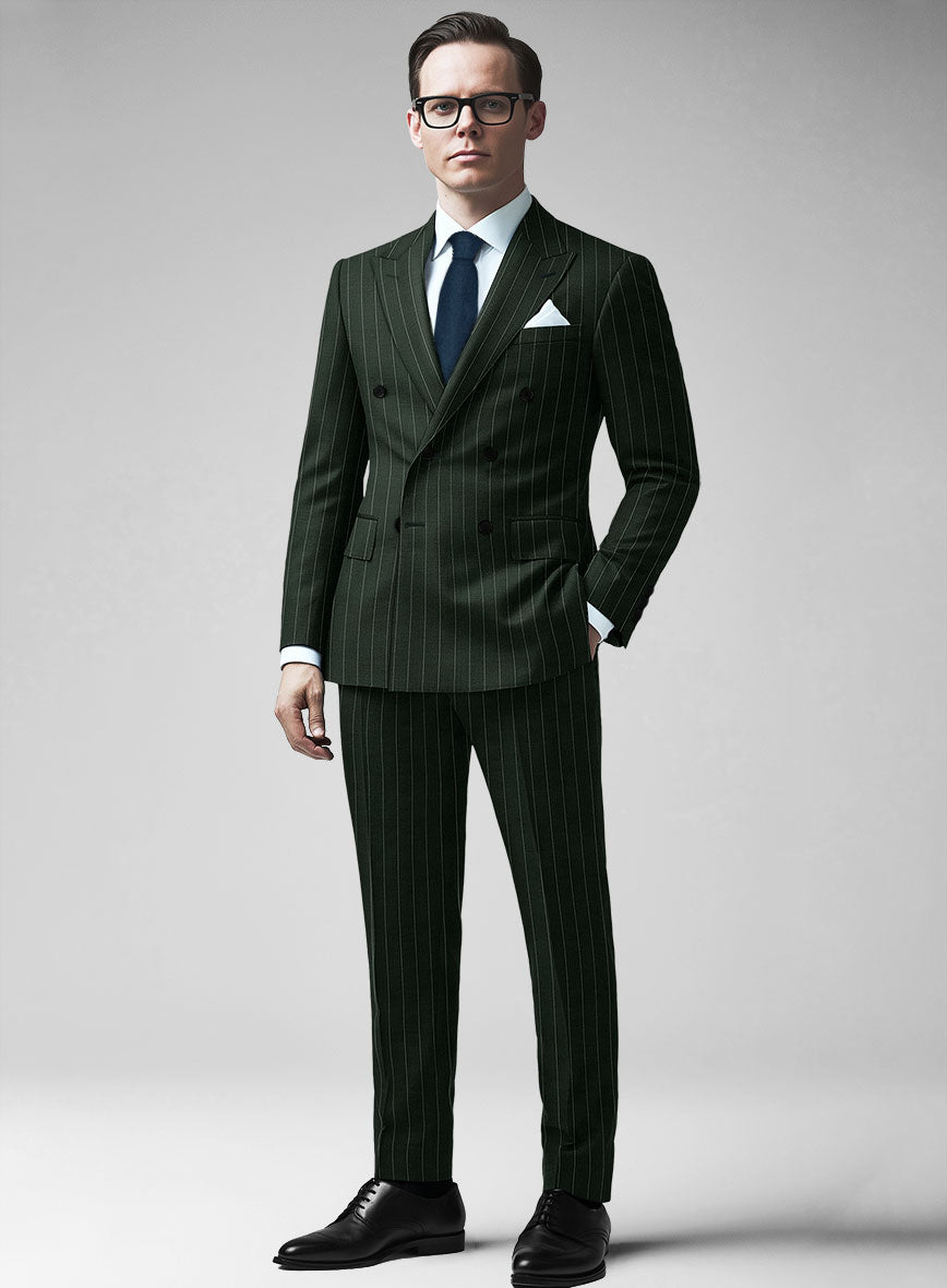 Kingsman Double Breasted Green Stripe Wool Suit - StudioSuits