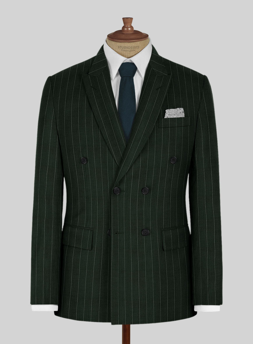 Kingsman Double Breasted Green Stripe Wool Suit - StudioSuits