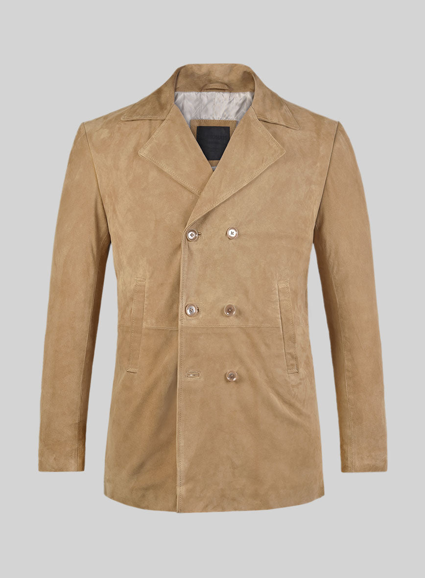 Latte Beige Suede Leather Pea Coat - StudioSuits