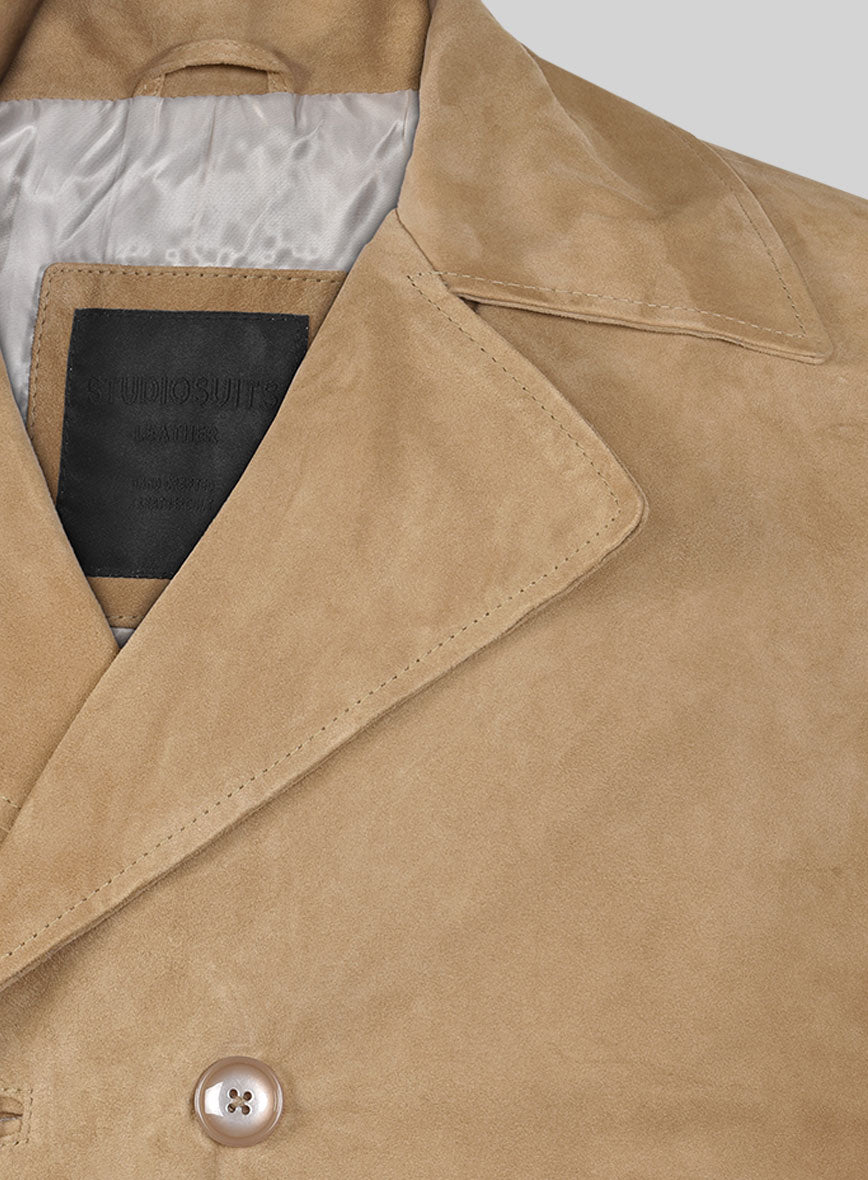 Latte Beige Suede Leather Pea Coat - StudioSuits