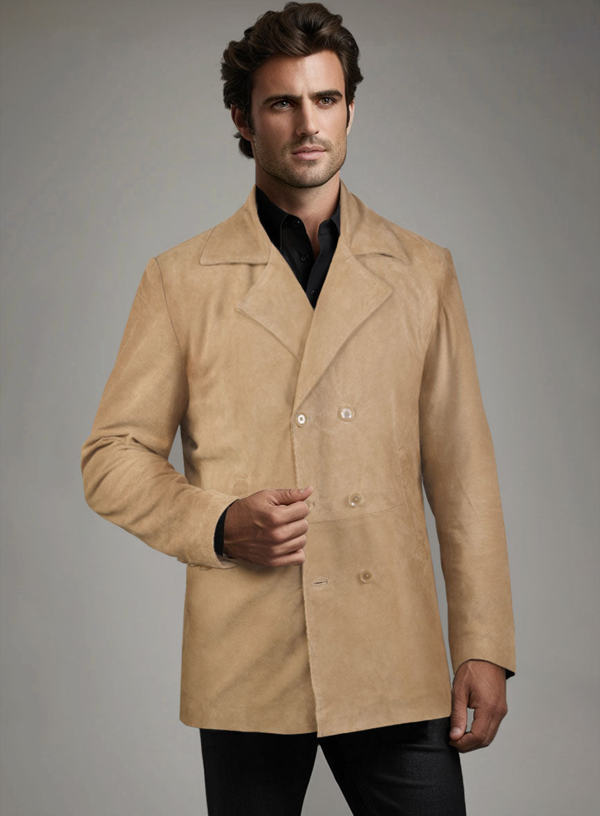 Latte Beige Suede Leather Pea Coat - StudioSuits