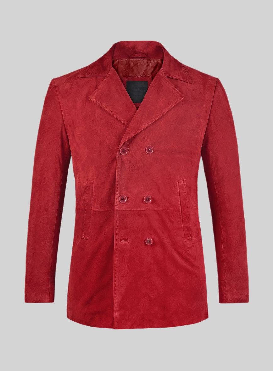 Lava Red Suede Leather Pea Coat - StudioSuits