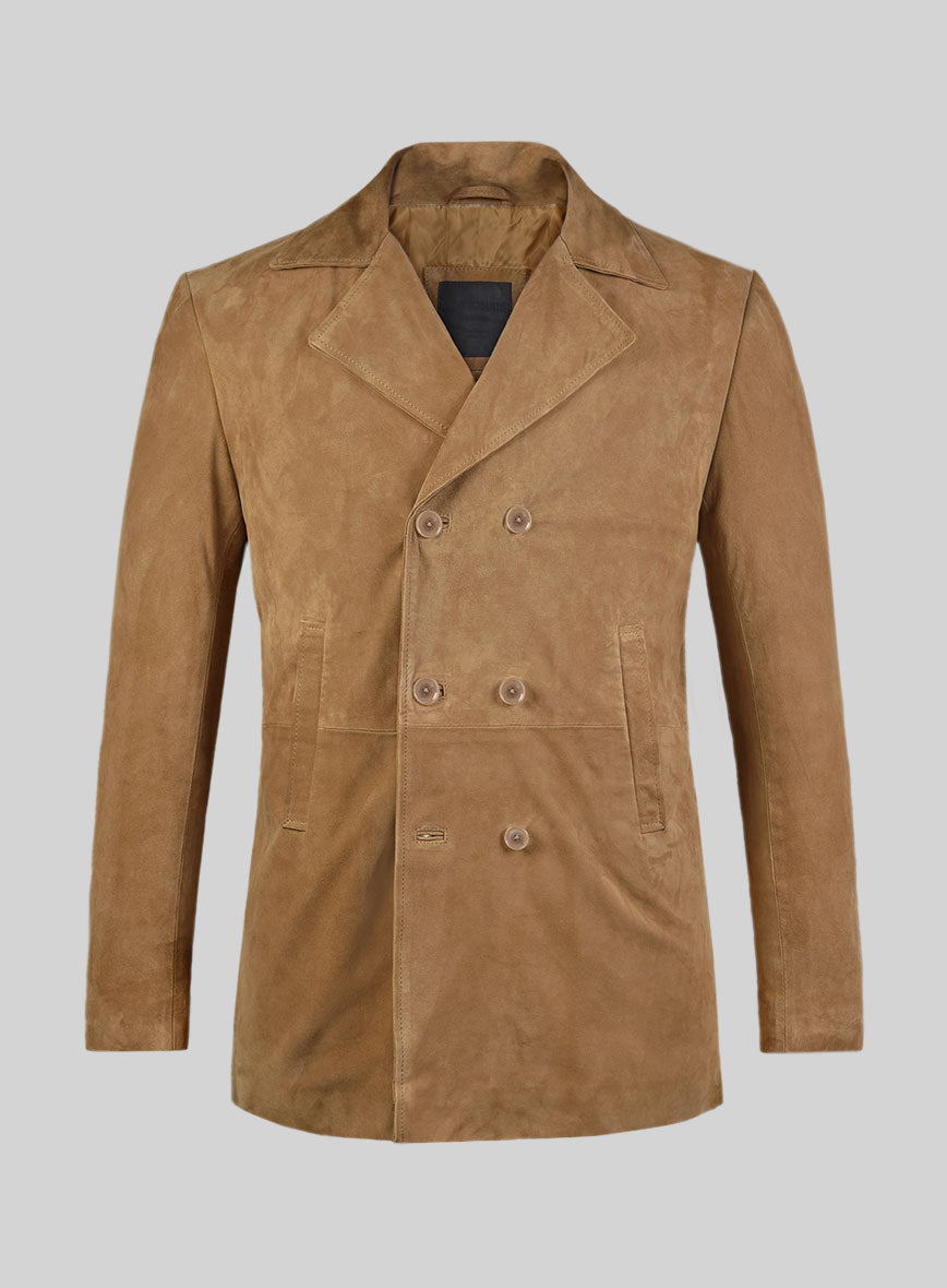 Light Brown Suede Leather Pea Coat - StudioSuits