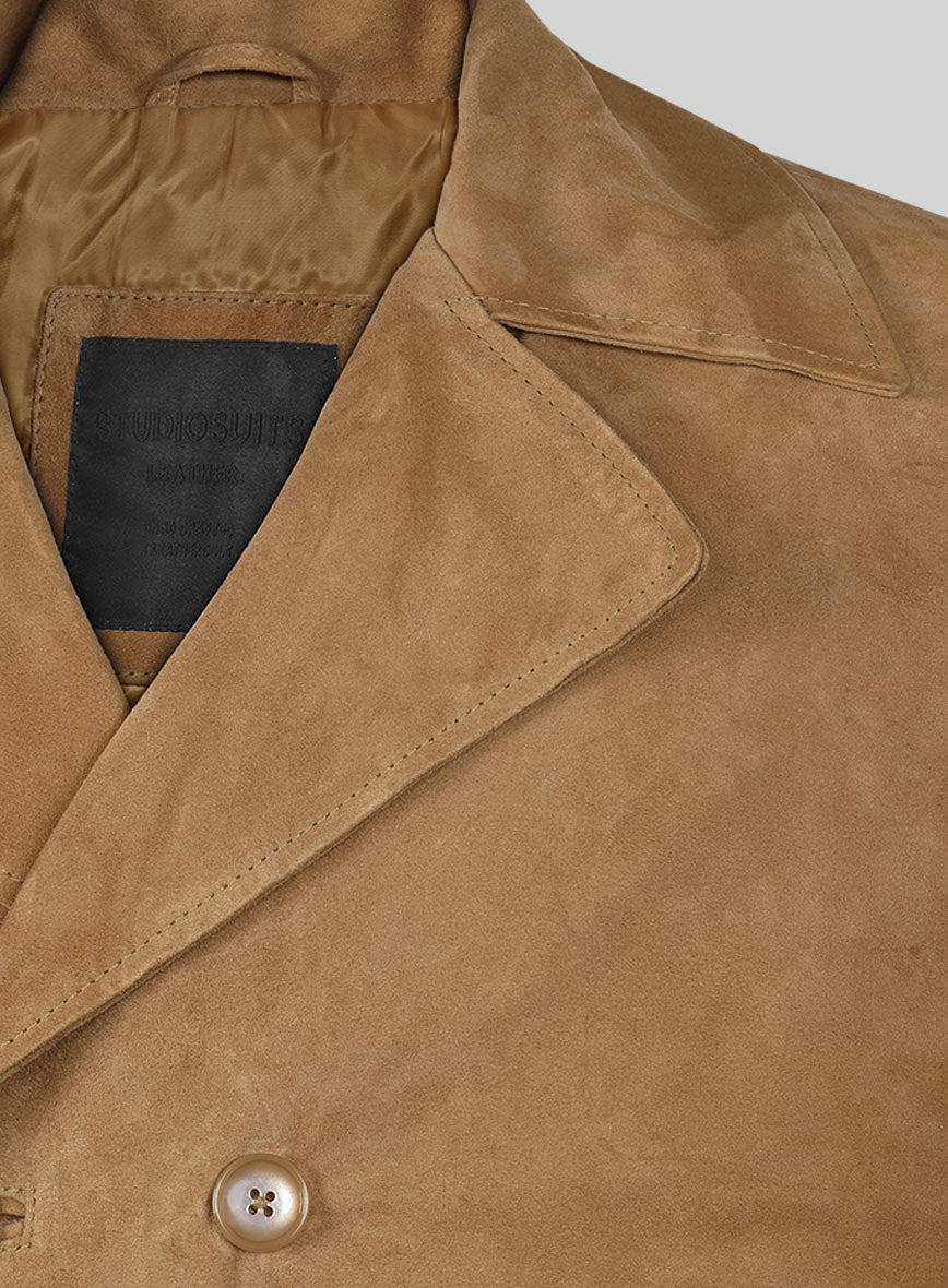 Light Brown Suede Leather Pea Coat - StudioSuits