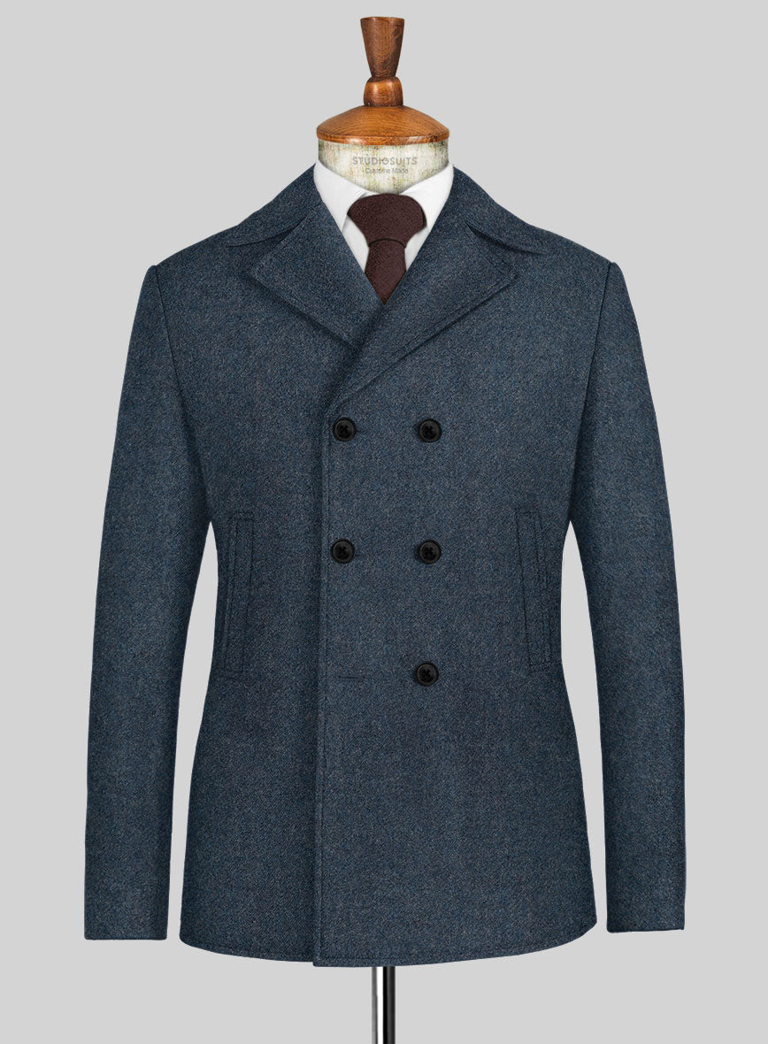 Light Weight Bond Blue Tweed Pea Coat - StudioSuits