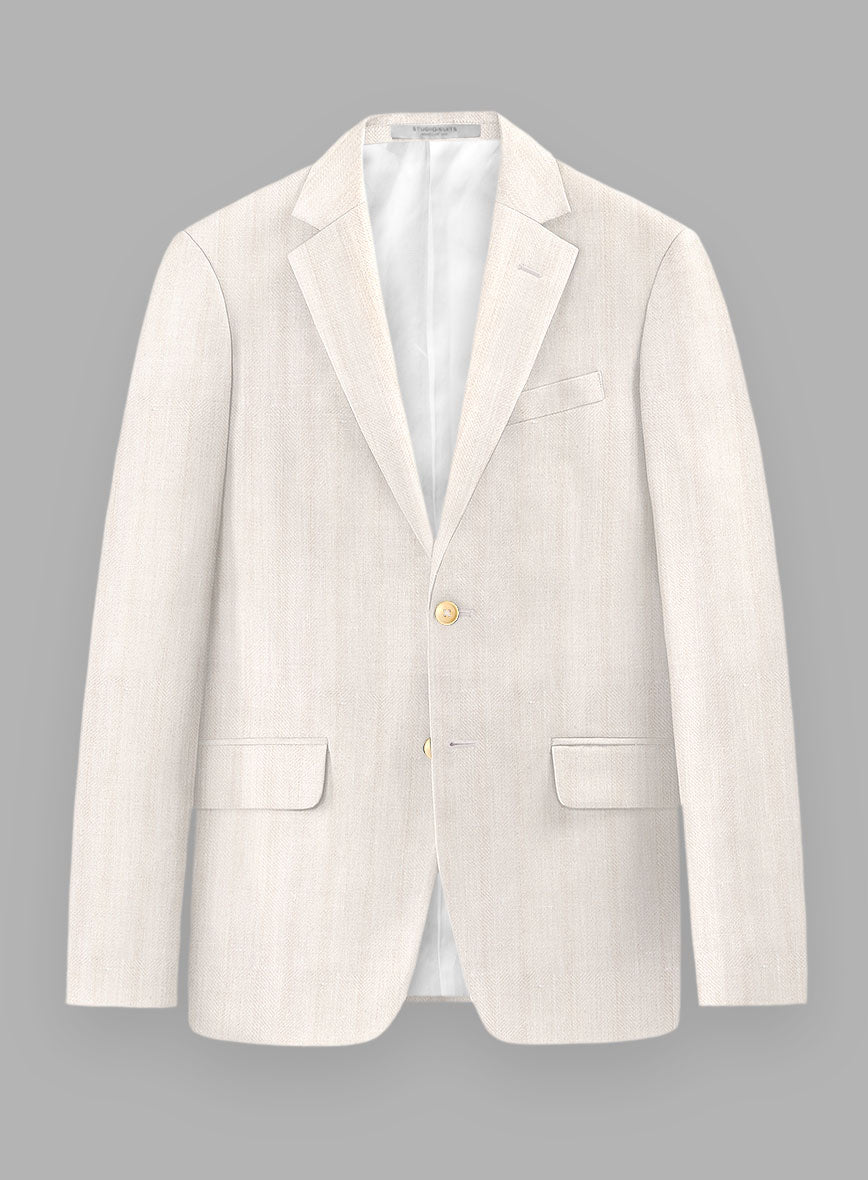 London Loom Beige Herringbone Wool Silk Linen Jacket - StudioSuits