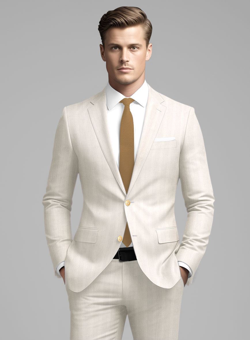 London Loom Beige Herringbone Wool Silk Linen Jacket - StudioSuits