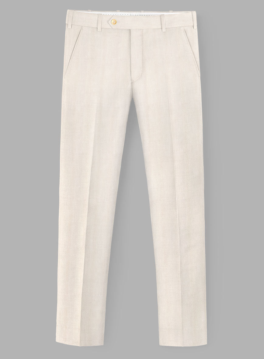 London Loom Beige Herringbone Wool Silk Linen Pants - StudioSuits