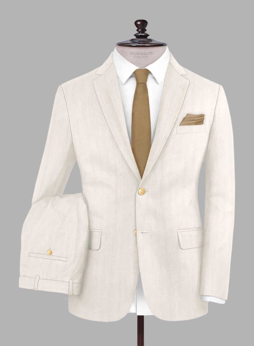 London Loom Beige Herringbone Wool Silk Linen Suit - StudioSuits