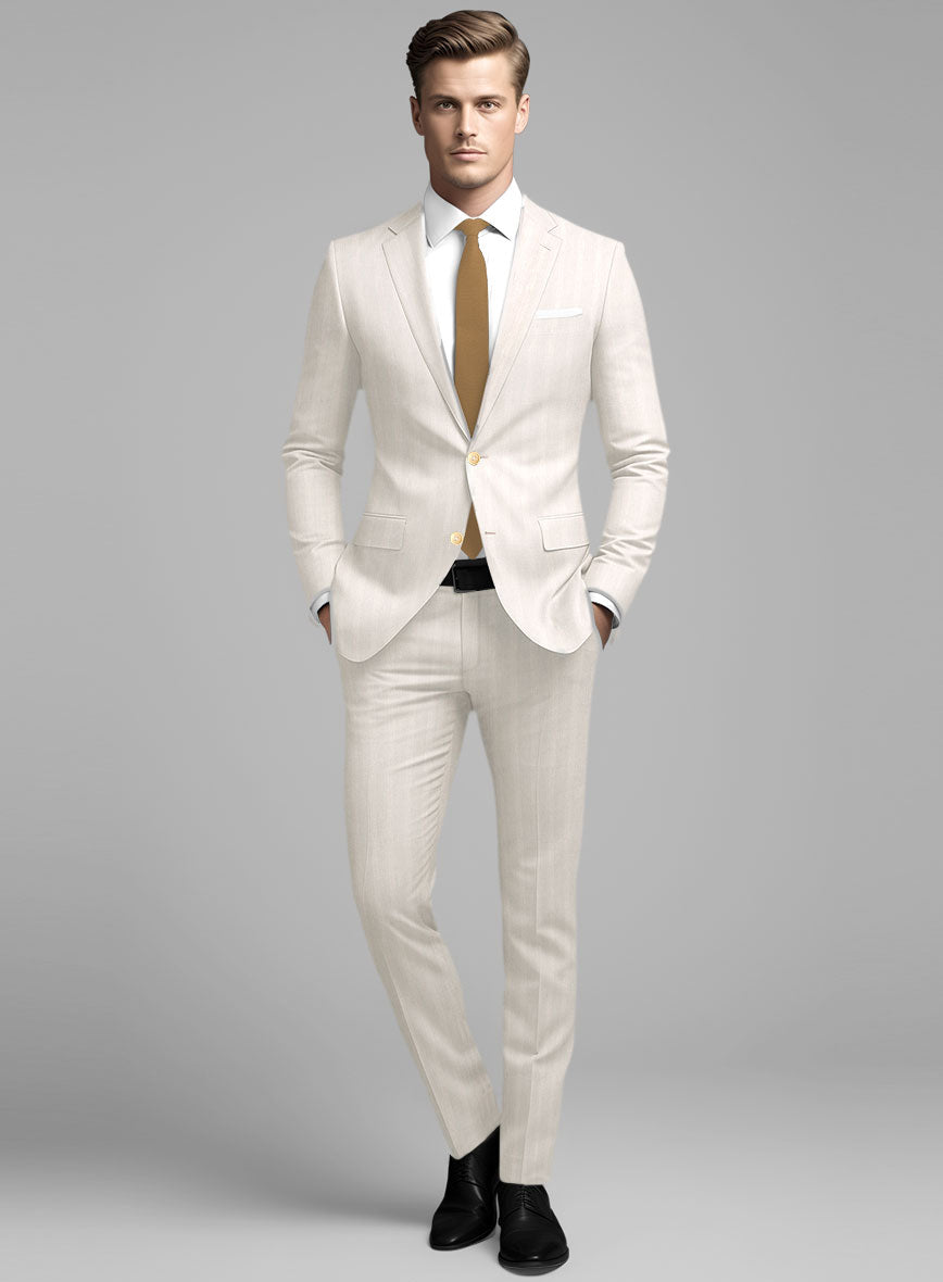 London Loom Beige Herringbone Wool Silk Linen Suit - StudioSuits