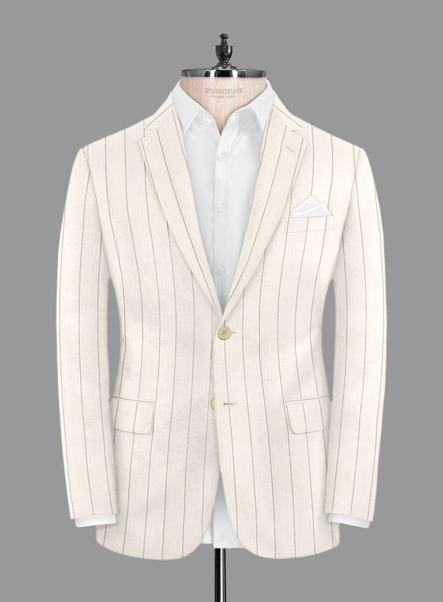 London Loom Beige Stripe Wool Silk Linen Jacket - StudioSuits