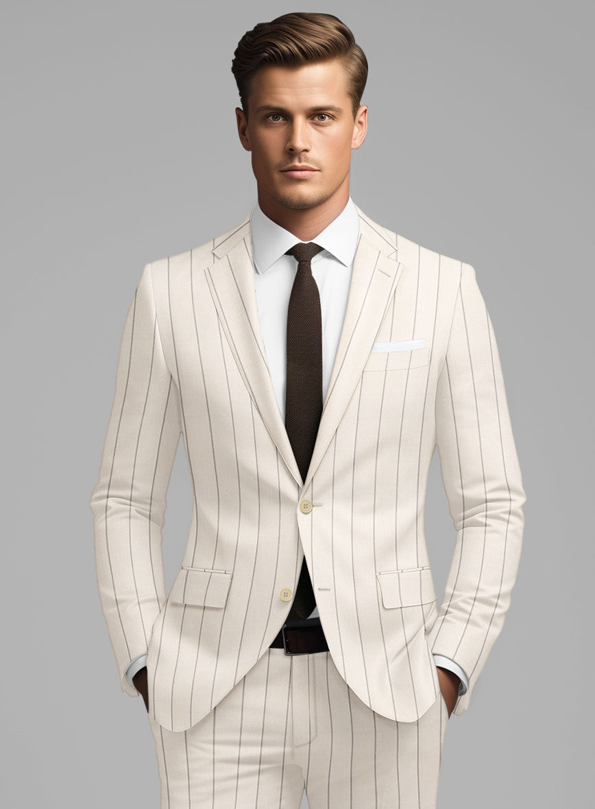 London Loom Beige Stripe Wool Silk Linen Jacket - StudioSuits