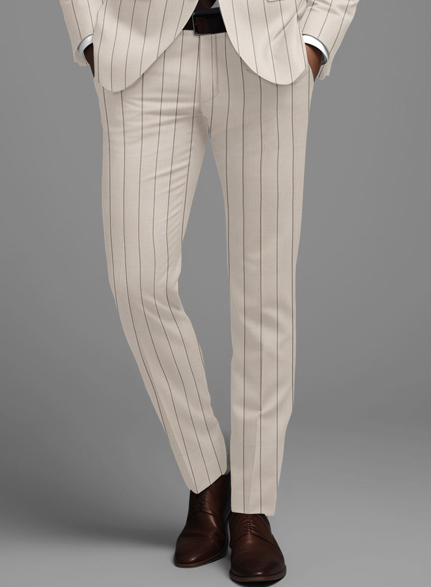 London Loom Beige Stripe Wool Silk Linen Pants - StudioSuits