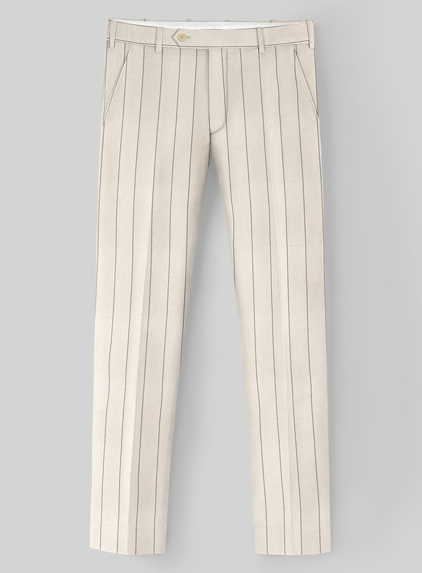 London Loom Beige Stripe Wool Silk Linen Pants - StudioSuits