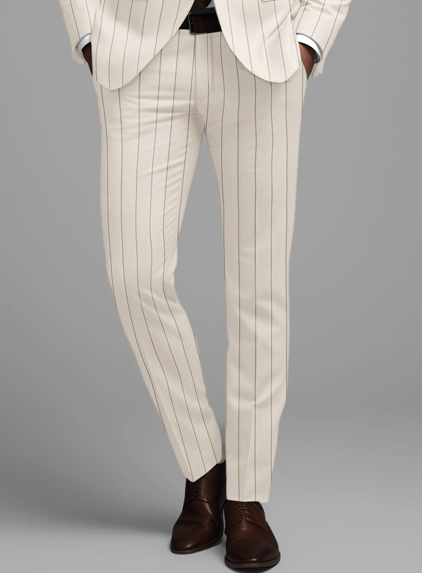 London Loom Beige Stripe Wool Silk Linen Pants - StudioSuits