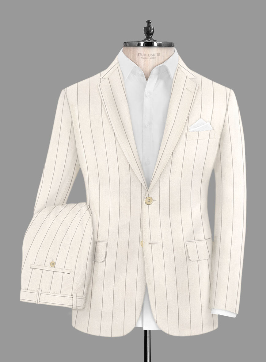 London Loom Beige Stripe Wool Silk Linen Suit - StudioSuits