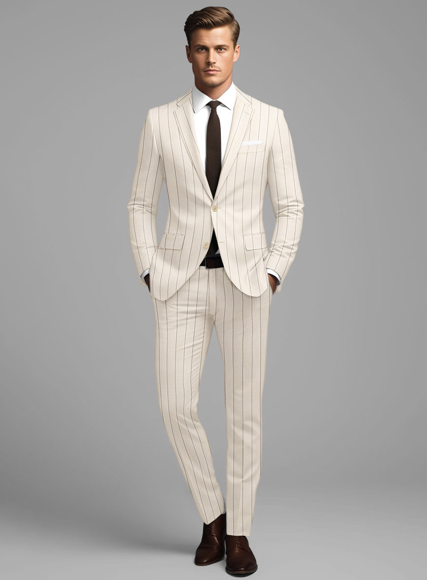 London Loom Beige Stripe Wool Silk Linen Suit - StudioSuits