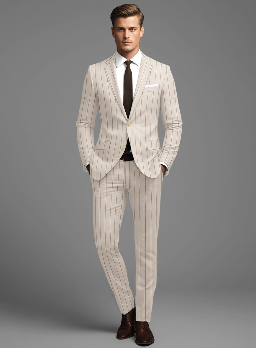 London Loom Beige Stripe Wool Silk Linen Suit - StudioSuits