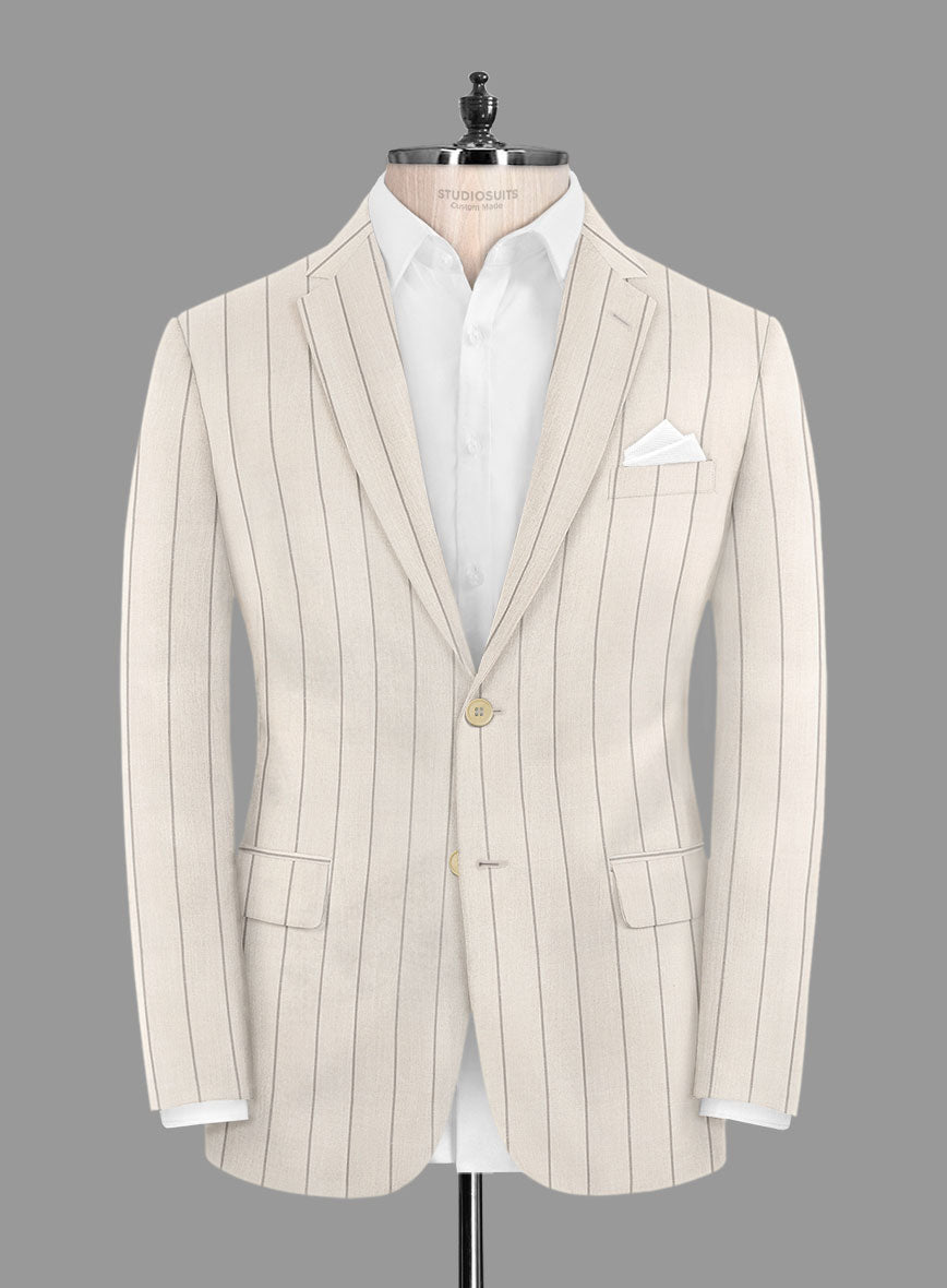 London Loom Beige Stripe Wool Silk Linen Suit - StudioSuits