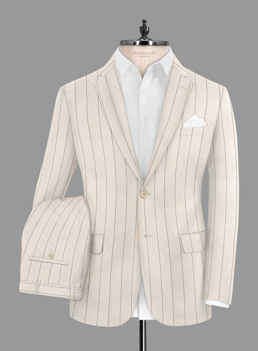 London Loom Beige Stripe Wool Silk Linen Suit - StudioSuits