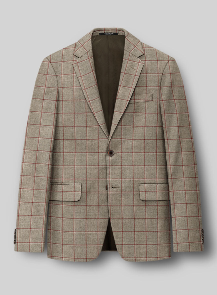 London Loom Beige Windowpane Wool Silk Linen Jacket - StudioSuits