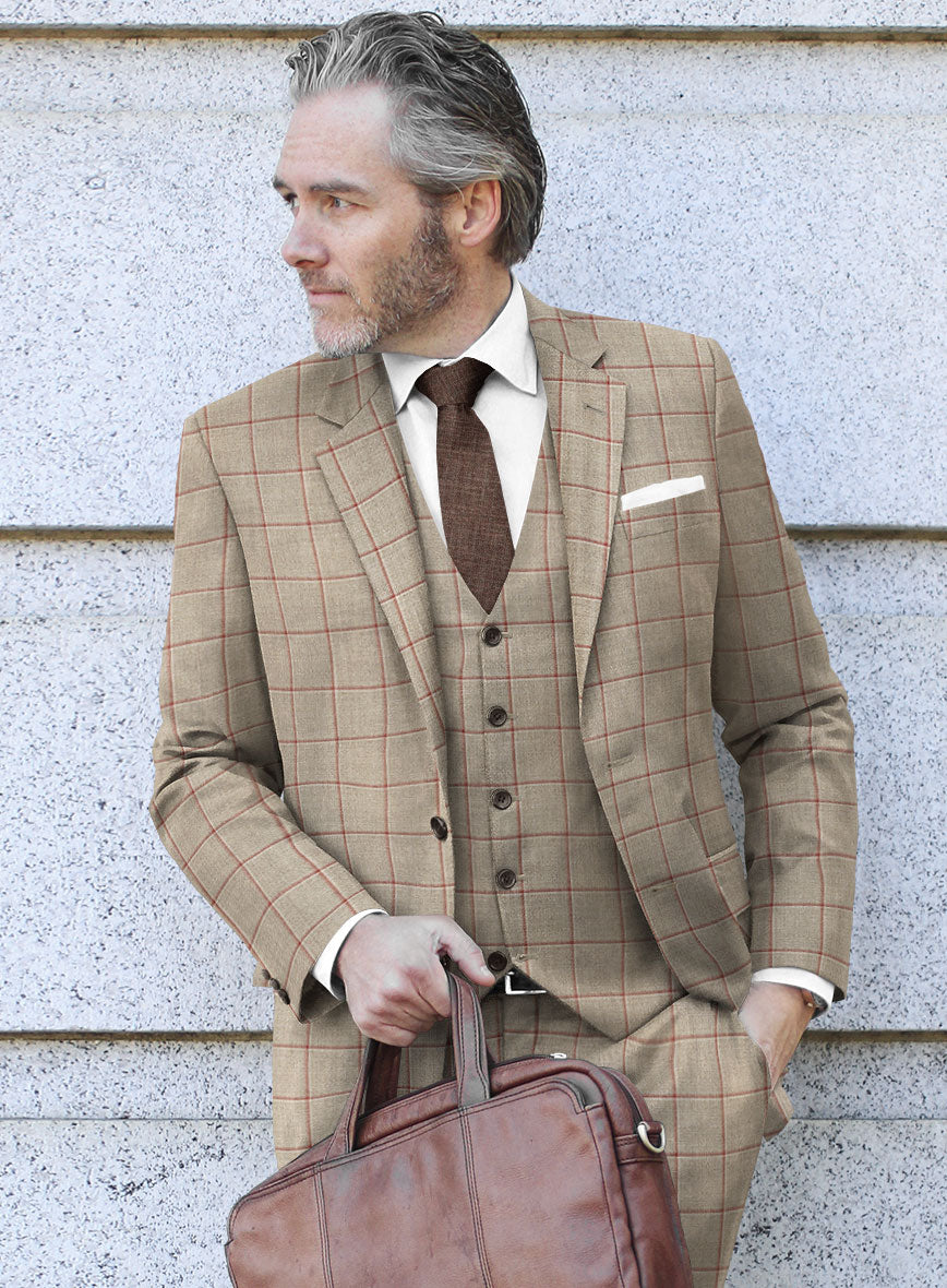 London Loom Beige Windowpane Wool Silk Linen Jacket - StudioSuits