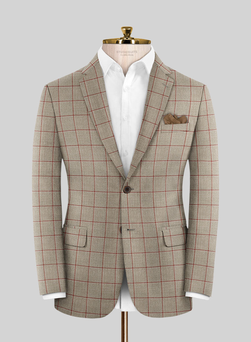 London Loom Beige Windowpane Wool Silk Linen Jacket - StudioSuits