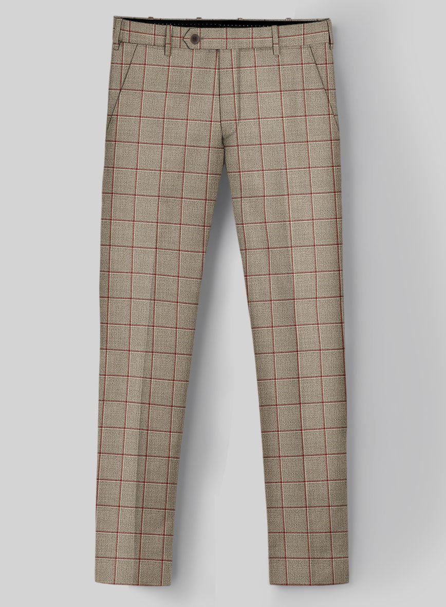 London Loom Beige Windowpane Wool Silk Linen Pants - StudioSuits